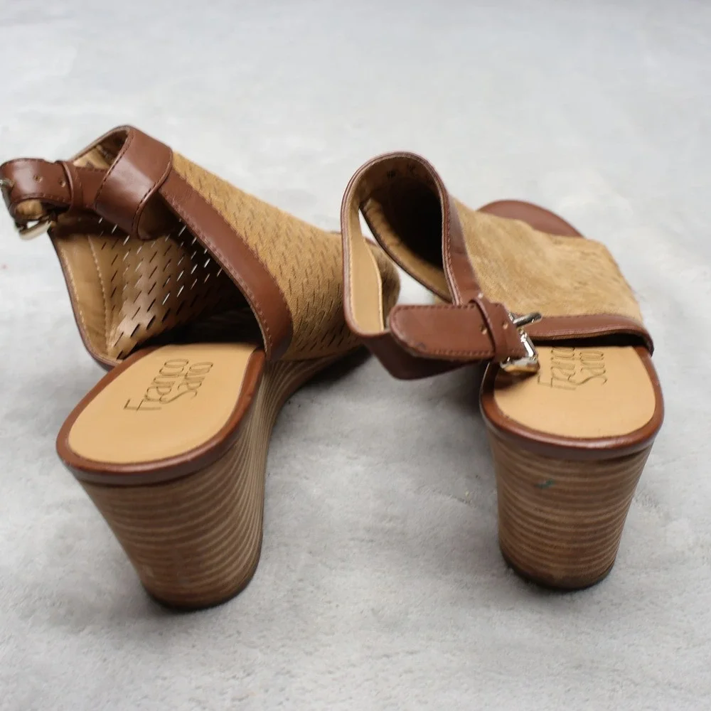 Franco Sarto Womens 7M Martha Sandals Brown Wedge Leather Laser Cut Suede‎ Boho